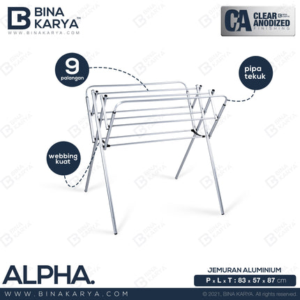 BINA KARYA - ALPHA Jemuran Aluminium Pakaian / Handuk 9 Palang Minimalis 80 cm
