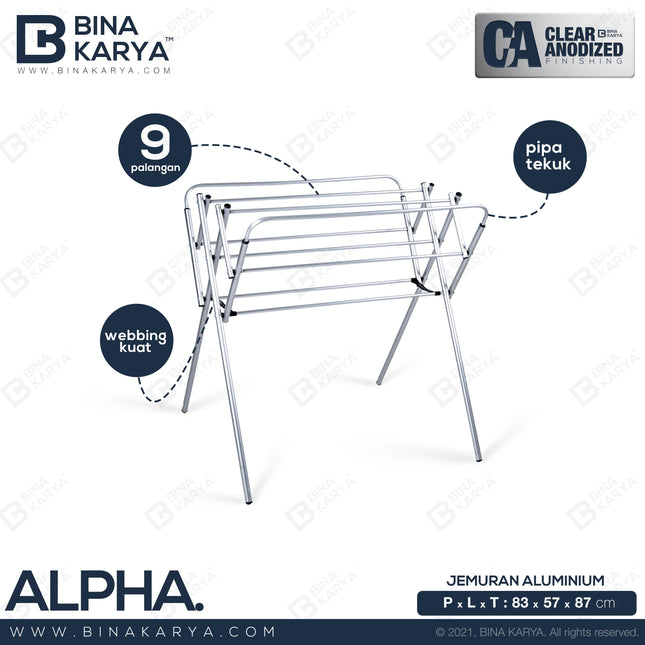 BINA KARYA - ALPHA Jemuran Aluminium Pakaian / Handuk 9 Palang Minimalis 80 cm