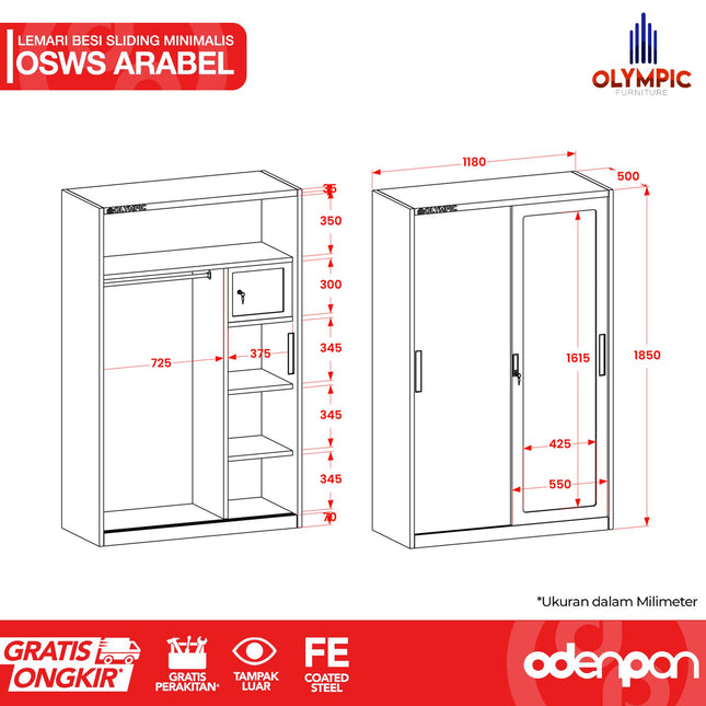 OLYMSTEEL - OSWS ARABEL Lemari Pakaian Baju 2 Pintu Besi Sliding Putih Dengan Cermin & Motif Kayu