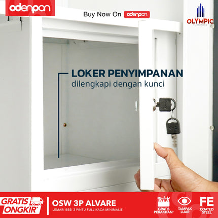 OLYMSTEEL - OSW 3P ALVARE Lemari Pakaian Baju 3 Pintu Besi Jumbo Pintu Swing Full Cermin