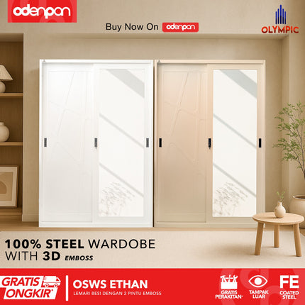 OLYMSTEEL - OSWS ETHAN Lemari Pakaian Baju 2 Pintu Besi Sliding Pintu 3D Emboss