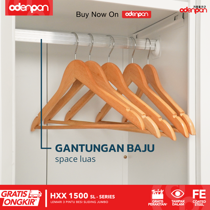 ODENPAN - HXX 1500 SL Lemari Pakaian / Baju 3 Pintu Besi Sliding Dengan Cermin Jumbo Minimalis