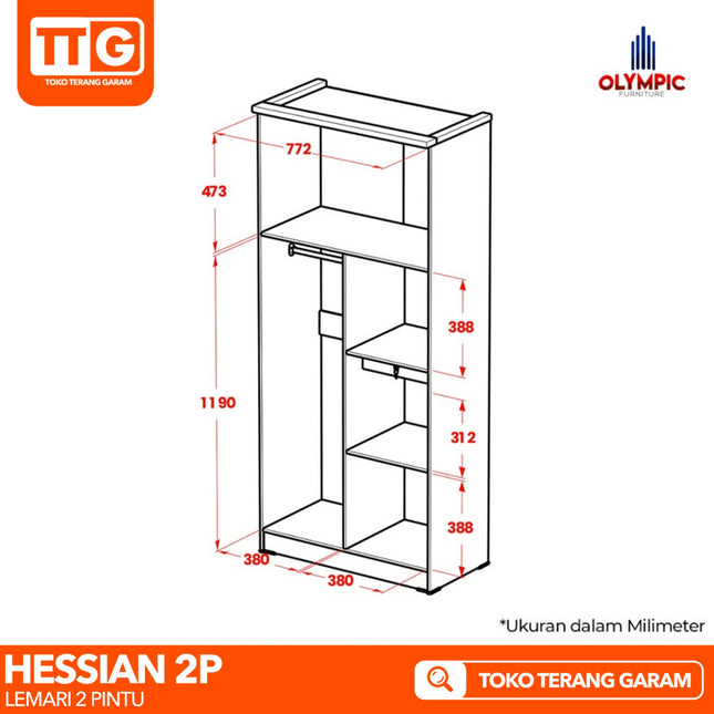 OLYMPIC - HESSIAN 2P Lemari Pakaian / Baju 2 Pintu Dengan Cermin