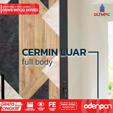 OLYMSTEEL - OSWS WOOD Lemari Pakaian Baju 2 Pintu Besi Sliding Motif Kayu