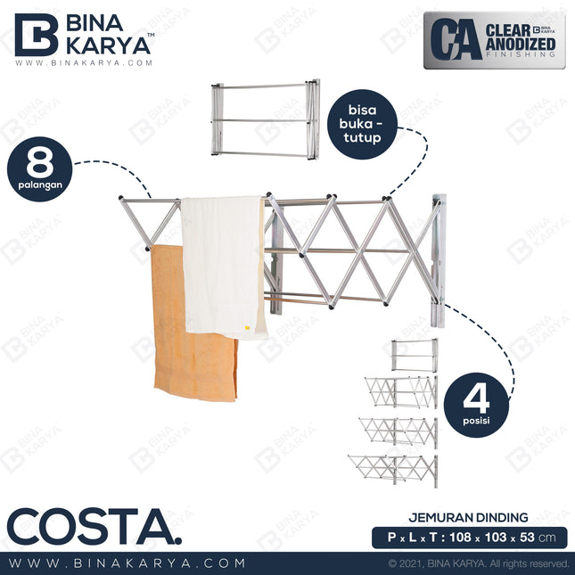 BINA KARYA - COSTA Jemuran Dinding Aluminium 8 Palang Minimalis 100 cm