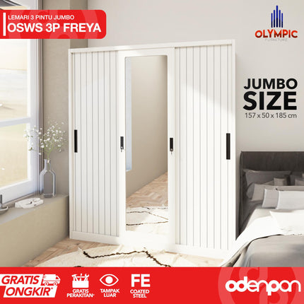 OLYMSTEEL - OSWS 3P Lemari Pakaian Baju 3 Pintu Besi Jumbo Dengan Cermin