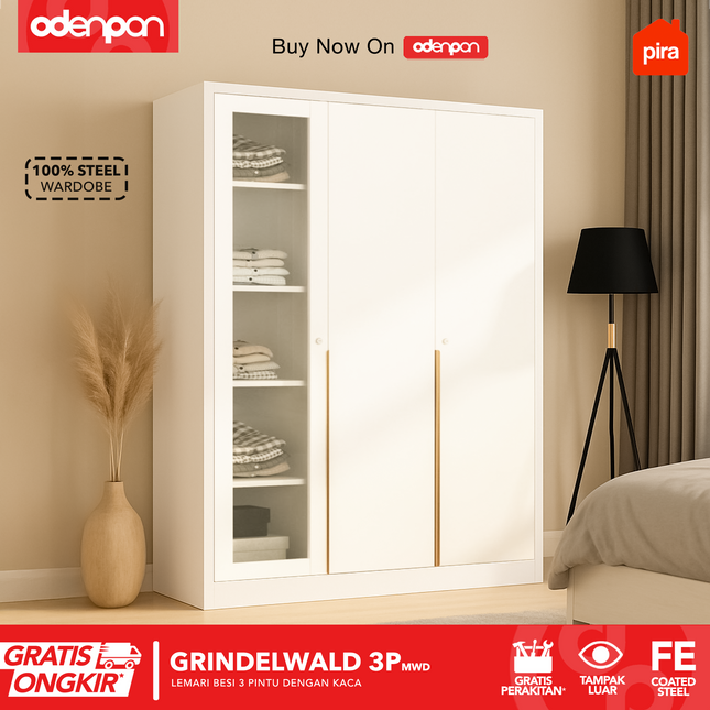 PIRA - GRINDELWALD 3P MWD Lemari Pakaian Baju 3 Pintu Besi Pintu Swing Dengan Kaca
