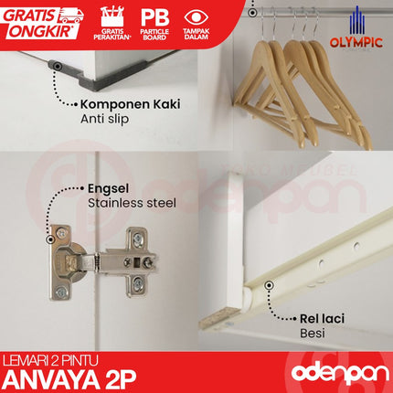 OLYMPIC - ANVAYA 2P Lemari Pakaian / Baju 2 Pintu Jumbo Dengan Cermin