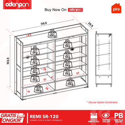 PIRA - REMI SR 120 Lemari / Rak Sepatu Besi Minimalis 4 Pintu