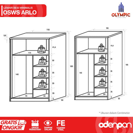 OLYMSTEEL - OSWS ARLO Lemari Pakaian Baju 2 Pintu Besi Sliding Dengan Cermin