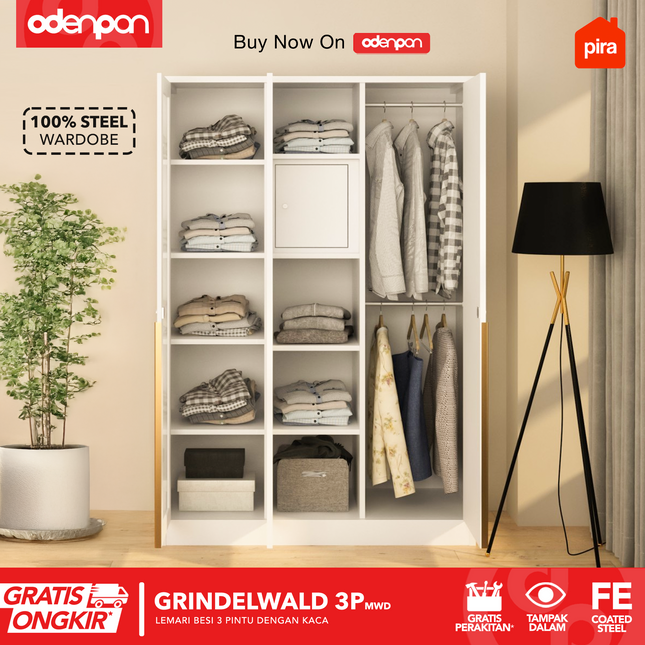 PIRA - GRINDELWALD 3P MWD Lemari Pakaian Baju 3 Pintu Besi Pintu Swing Dengan Kaca