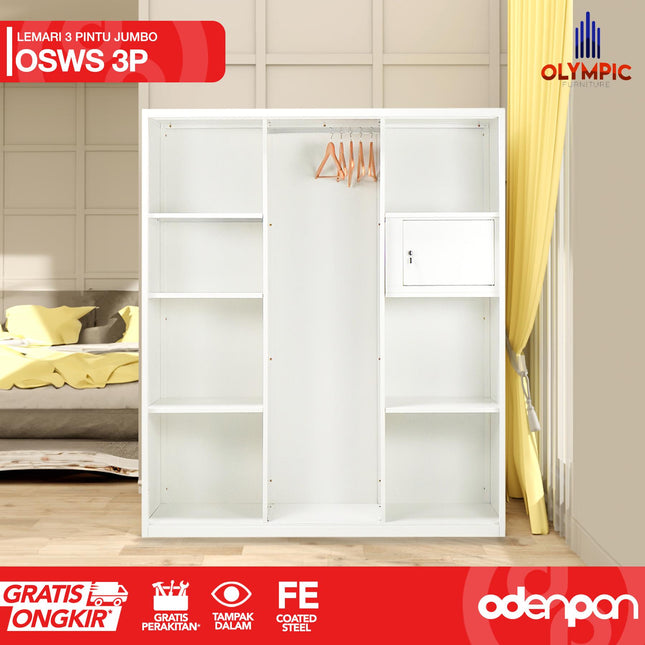 OLYMSTEEL - OSWS 3P Lemari Pakaian Baju 3 Pintu Besi Jumbo Dengan Cermin