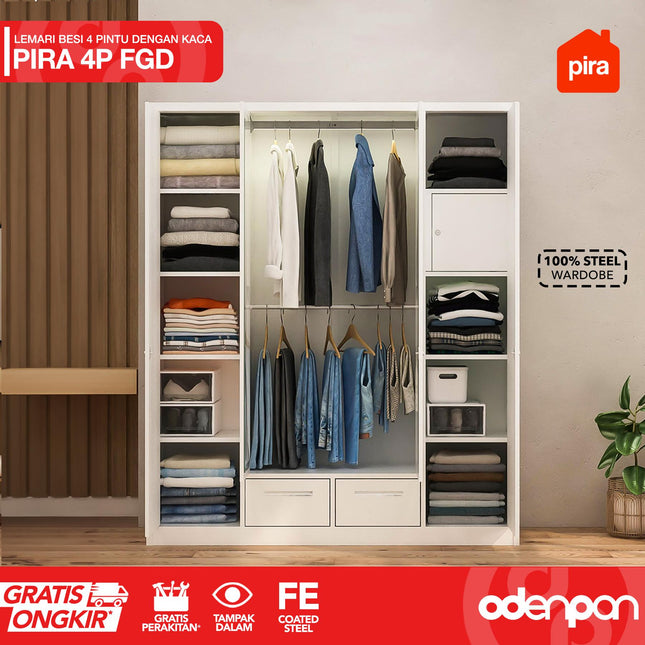 PIRA - 4P FGD Lemari Pakaian Baju 4 Pintu Besi 2 Laci Minimalis Jumbo Dengan Kaca & Lampu LED