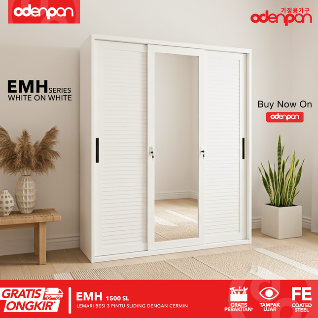 ODENPAN - EMH 1500 SL  Lemari Pakaian / Baju 3 Pintu Besi Sliding Dengan Cermin Motif Jalusi