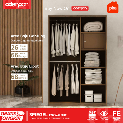 PIRA - SPIEGEL 120 Lemari Pakaian / Baju 2 Pintu Besi Sliding Motif Kayu