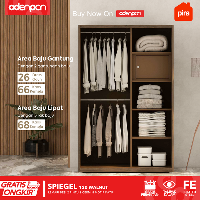 PIRA - SPIEGEL 120 Lemari Pakaian / Baju 2 Pintu Besi Sliding Motif Kayu