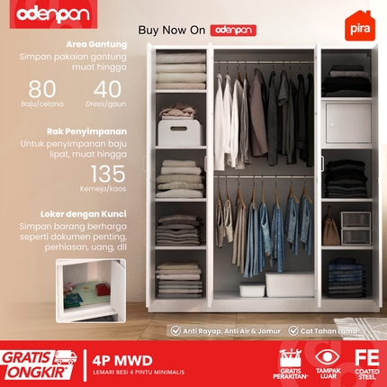 PIRA - 4P MWD Lemari Pakaian Baju 4 Pintu Besi 2 Cermin Minimalis Jumbo