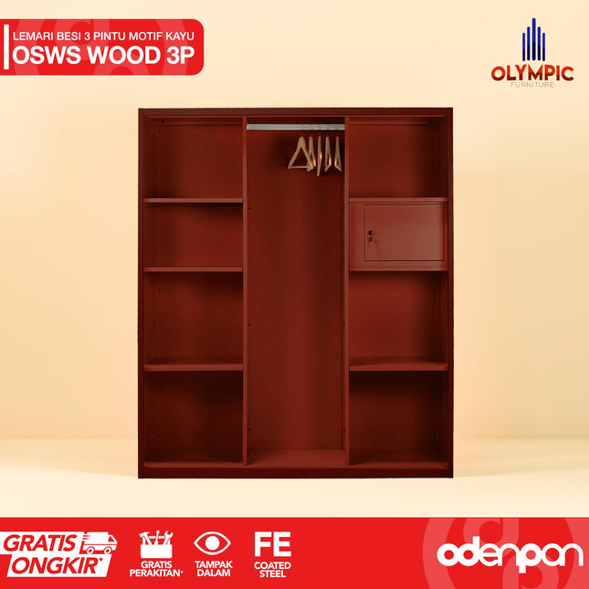 OLYMSTEEL - OSWS 3P WOOD Lemari Pakaian Baju 3 Pintu Besi Dengan Motif Kayu