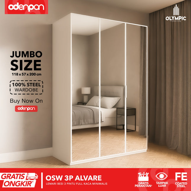 OLYMSTEEL - OSW 3P ALVARE Lemari Pakaian Baju 3 Pintu Besi Jumbo Pintu Swing Full Cermin