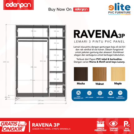 ELITE PVC - RAVENA 3P Lemari UPVC 3 Pintu Swing Motif Kayu