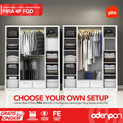 PIRA - 4P FGD Lemari Pakaian Baju 4 Pintu Besi 2 Laci Minimalis Jumbo Dengan Kaca & Lampu LED