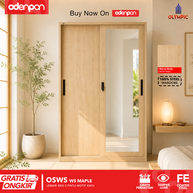 OLYMSTEEL - OSWS WOOD WS Lemari Pakaian Baju 2 Pintu Besi Sliding Motif Kayu