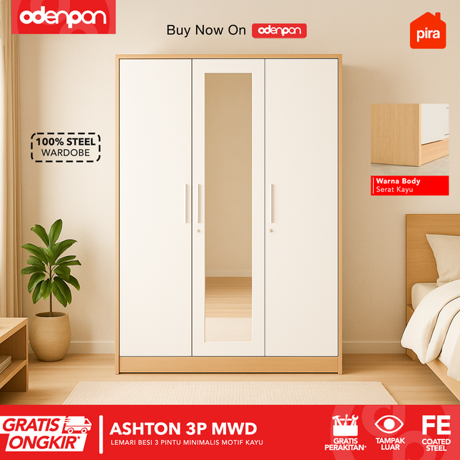 PIRA - ASHTON 3P Lemari Pakaian Baju 3 Pintu Besi Pintu Swing Motif Kayu