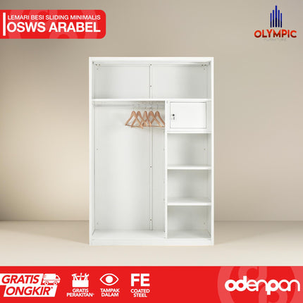 OLYMSTEEL - OSWS ARABEL Lemari Pakaian Baju 2 Pintu Besi Sliding Putih Dengan Cermin & Motif Kayu