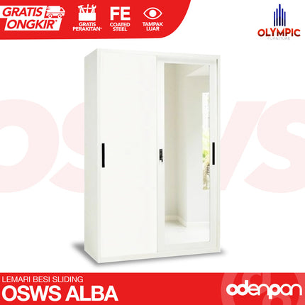 OLYMSTEEL - OSWS ALBA Lemari Pakaian Baju 2 Pintu Besi Sliding Putih Dengan Cermin
