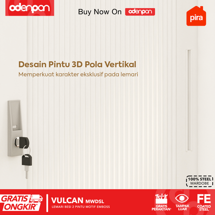PIRA - VULCAN Lemari Pakaian / Baju 2 Pintu Besi Sliding Motif 3D Emboss Dengan Cermin