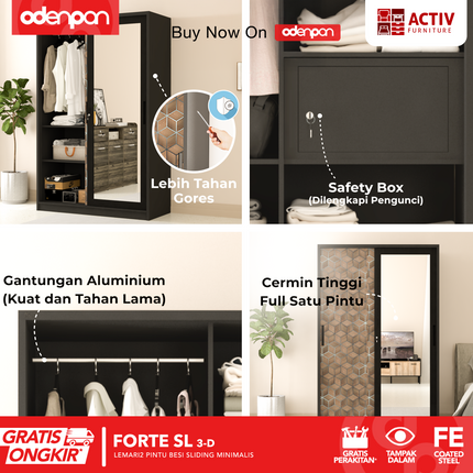 ACTIV FORTE - SL 3D Lemari Pakaian / Baju 2 Pintu Besi Sliding