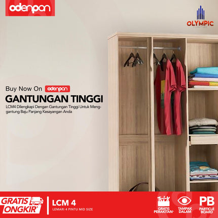 OLYMPIC G-STAR - LCM 4 Lemari Pakaian / Baju 4 Pintu Mid Size Dengan Laci & Cermin