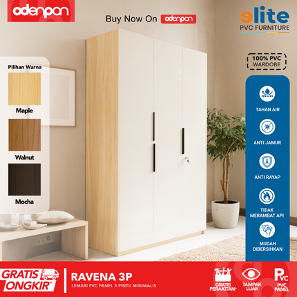 ELITE PVC - RAVENA 3P Lemari UPVC 3 Pintu Swing Motif Kayu