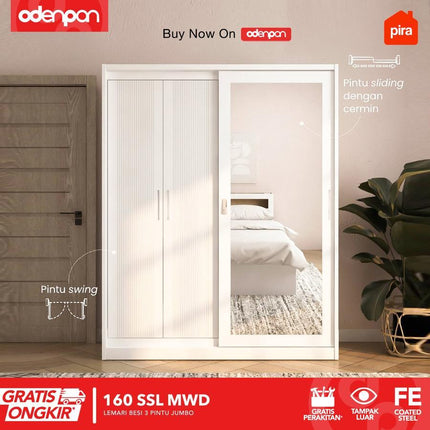 PIRA Lemari Pakaian / Baju 3 Pintu Besi Sliding Jumbo Pintu Swing & Sliding Minimalis Dengan Cermin 160 SSL MWD