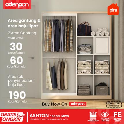 PIRA - ASHTON 160 SSL MWD Lemari Pakaian / Baju 3 Pintu Besi Sliding Jumbo Motif Kayu