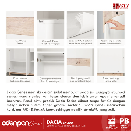 ACTIV CREATIV - DACIA LP 300 Lemari Pakaian / Baju 3 Pintu Dengan Kaki