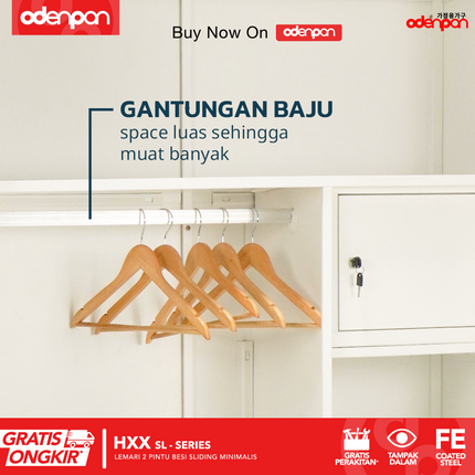 ODENPAN - HXX SL  Lemari Pakaian / Baju 2 Pintu Besi Sliding Dengan Cermin Minimalis