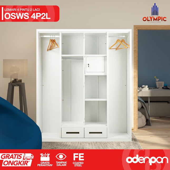 OLYMSTEEL - OSWS 4P2L Lemari Pakaian Baju 4 Pintu Besi 2 Laci