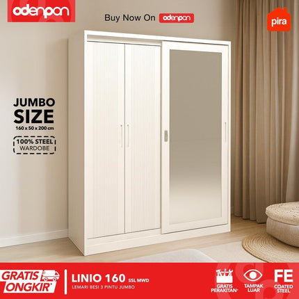 PIRA Lemari Pakaian / Baju 3 Pintu Besi Sliding Jumbo Pintu Swing & Sliding Minimalis Dengan Cermin 160 SSL MWD