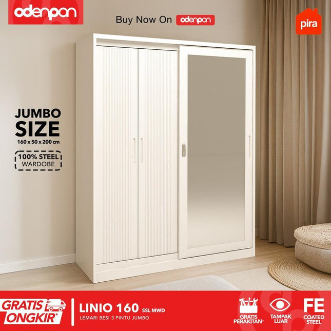 PIRA Lemari Pakaian / Baju 3 Pintu Besi Sliding Jumbo Pintu Swing & Sliding Minimalis Dengan Cermin 160 SSL MWD