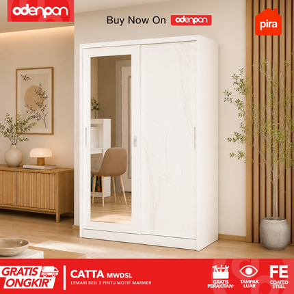 PIRA - CATTA Lemari Pakaian / Baju 2 Pintu Besi Sliding Dengan Cermin Motif Marmer