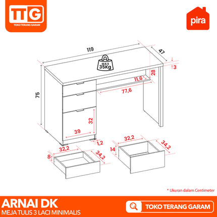 PIRA - ARNAI DK 120 Meja Belajar / Kerja / Kantor Dengan 3 Laci