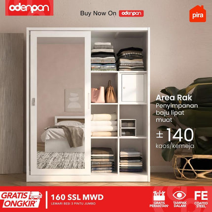 PIRA Lemari Pakaian / Baju 3 Pintu Besi Sliding Jumbo Pintu Swing & Sliding Minimalis Dengan Cermin 160 SSL MWD