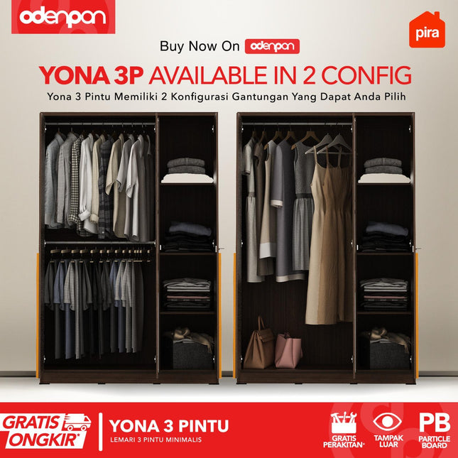 PIRA - YONA 3P Lemari Pakaian / Baju 3 Pintu Dengan Cermin