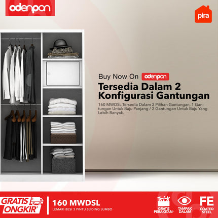 PIRA - 160 MWDSL Lemari Pakaian / Baju 3 Pintu Besi Sliding Jumbo Dengan Cermin 160 cm