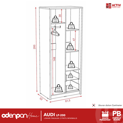 ACTIV CREATIV - AUDI LP 200 Lemari Pakaian / Baju2 Pintu Dengan 2 Laci