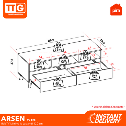PIRA - ARSEN TV 120 Meja / Rak TV Dengan 2 Laci & Kaki 120 cm