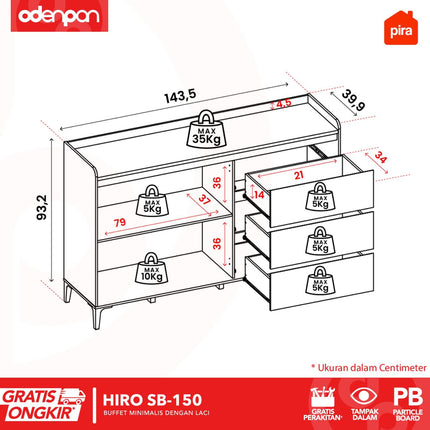 PIRA OX - HIRO SB150 Lemari Laci Cabinet Drawer Bufet Minimalis 2 Pintu 3 Laci Susun 150 cm