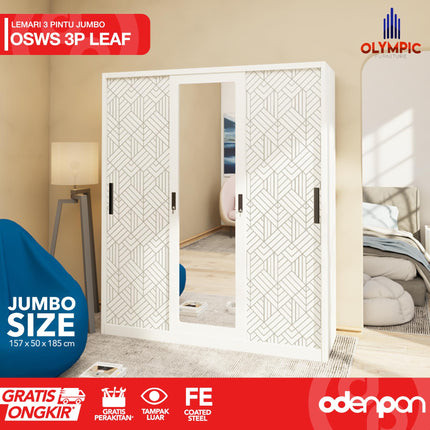 OLYMSTEEL - OSWS 3P Lemari Pakaian Baju 3 Pintu Besi Jumbo Dengan Cermin