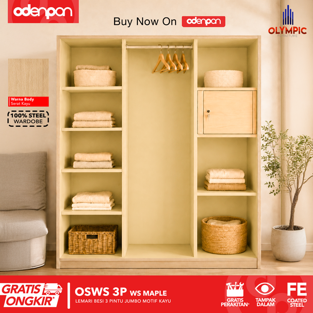 OLYMSTEEL - OSWS 3P WOOD WS Lemari Pakaian Baju 3 Pintu Besi Dengan Motif Kayu